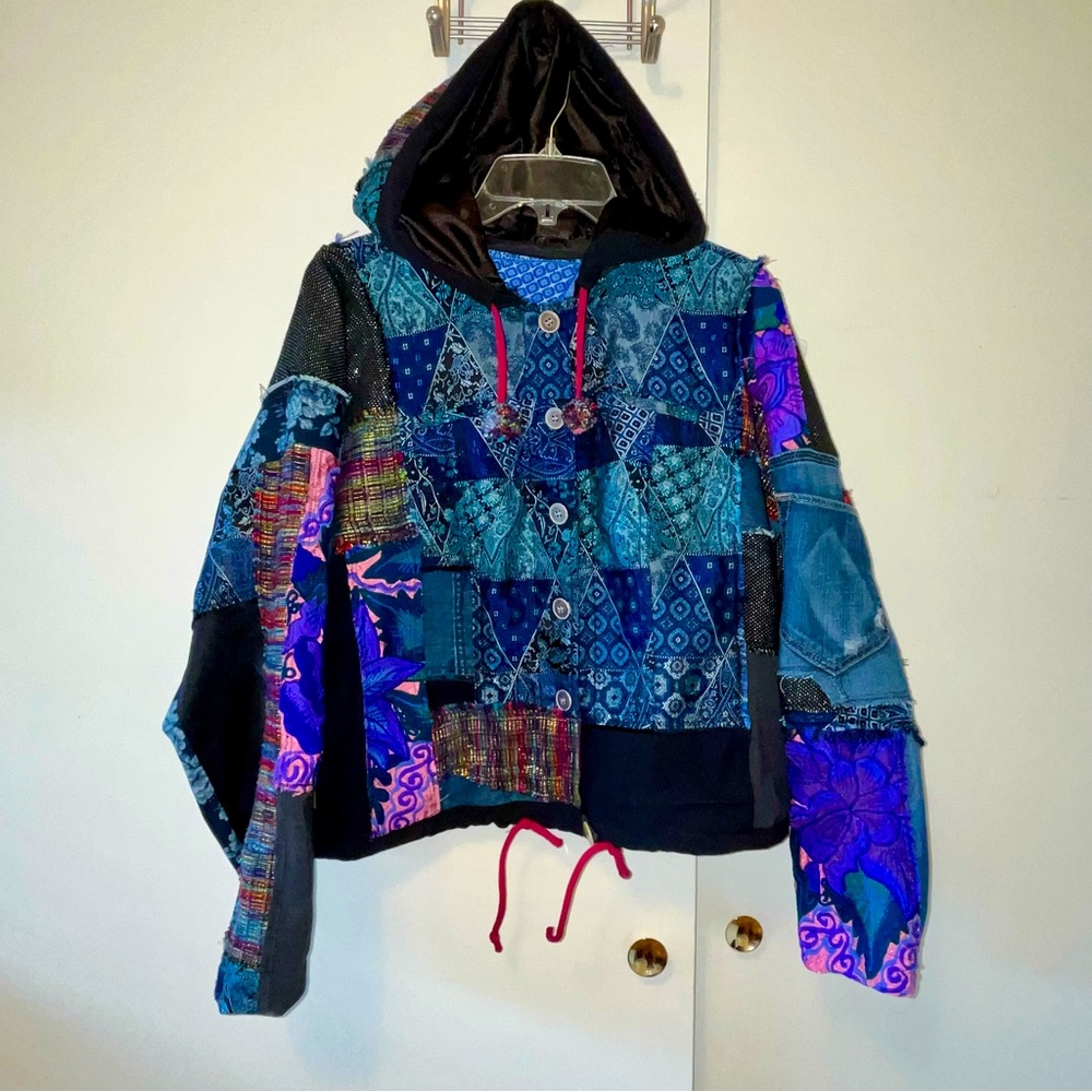 Upcycled Hoodie Sweatshirt Jacket Patchwork Fabric Scraps Frayed Apocalyptic